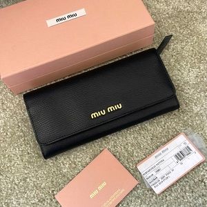 NIB Miu Miu Black Leather Continental Wallet with Gold Hardware